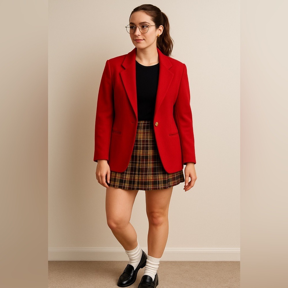 Vintage, 100% Wool Sag Harbor Red Blazer, One Gold Button (Fits Size 8)
